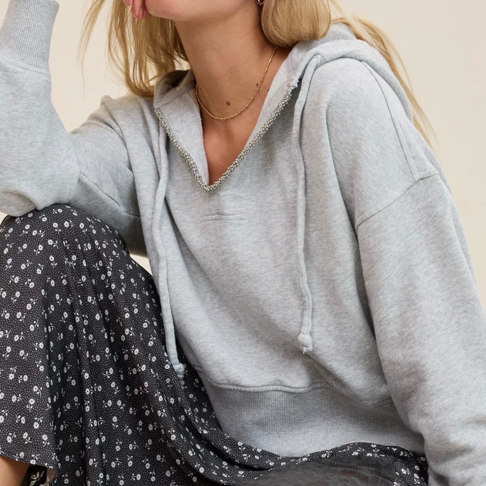 Aerie Beaded Hoodie Heather Grey Sz XL, Y2K - Picture 2 of 7